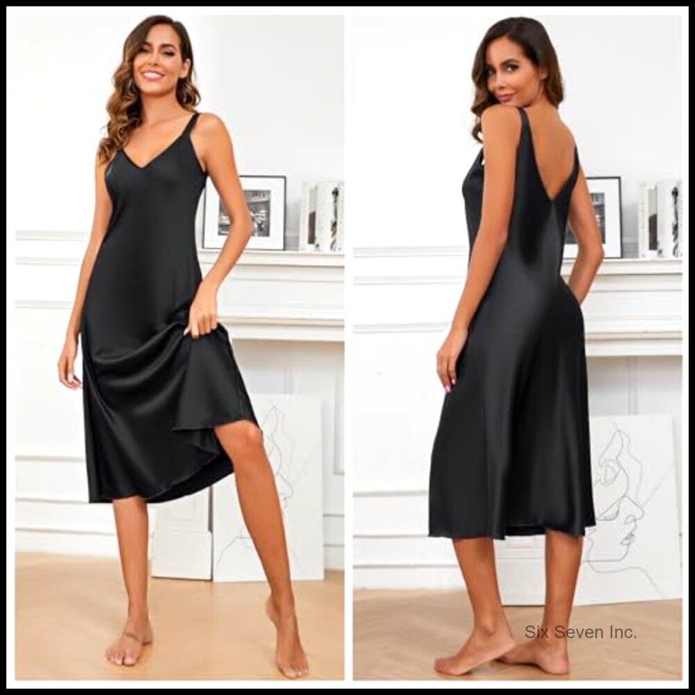 Satin Slip Dress Elegant Minimal Chic Sleepwear Nightgown V Neck Adjustable - Picture 3 of 7